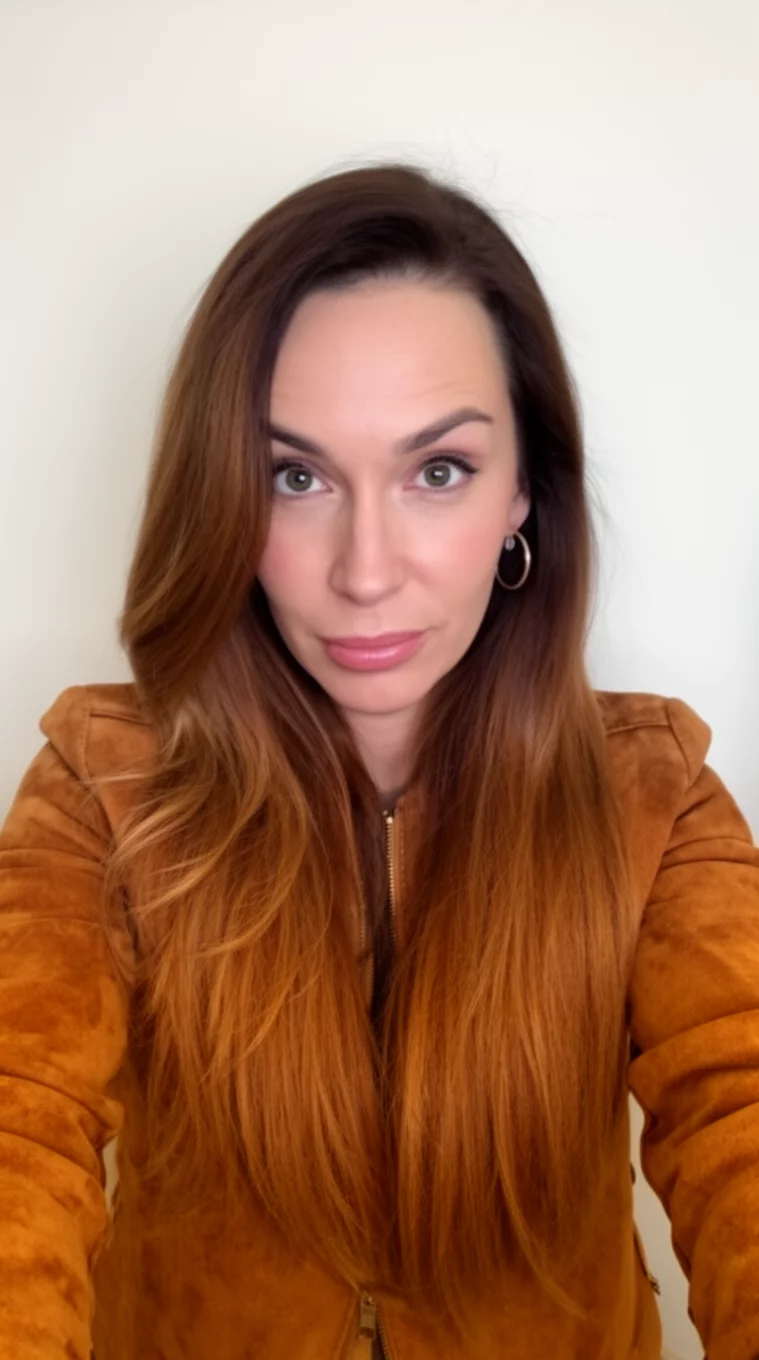 selfie of a 33-year-old woman wearing a suede jacket with a Cinnamon Toasted colored long hairstyle, front view, minimal background