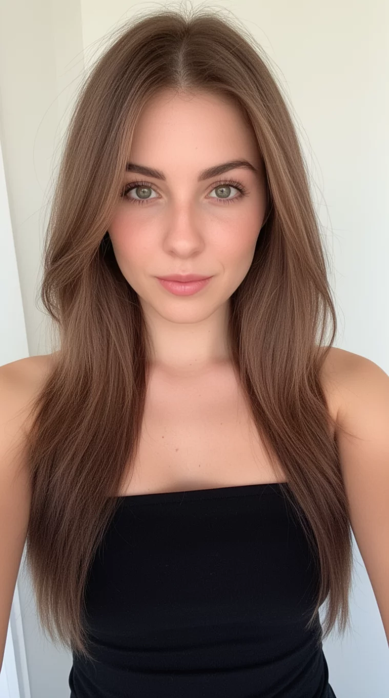 selfie of a 29-year-old woman wearing a black strapless top with a Shadowed Bronze colored long hairstyle, front view, minimal background