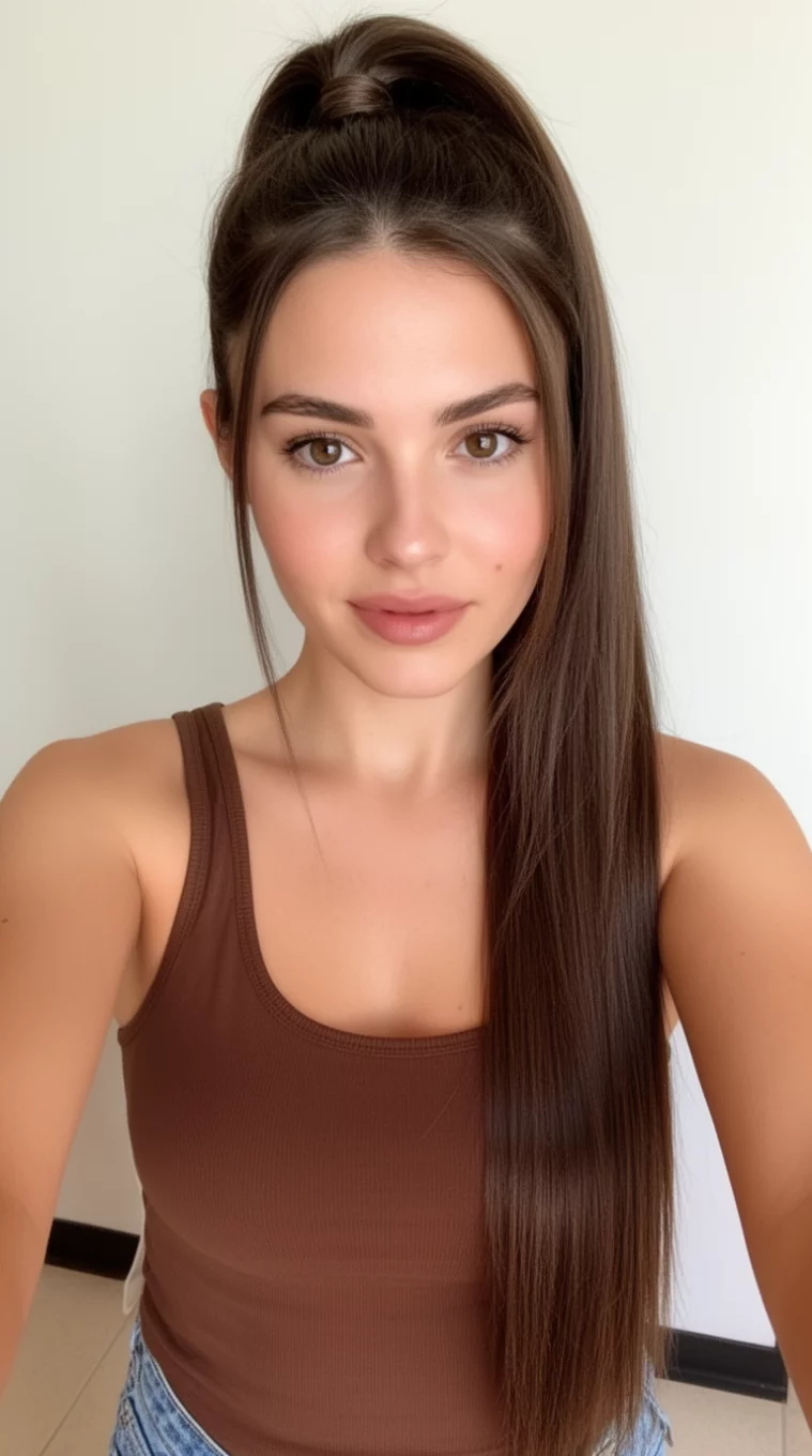 selfie of a 28-year-old woman wearing a brown tank top with a High Gloss Mocha Ponytail colored long hairstyle, front view, minimal background