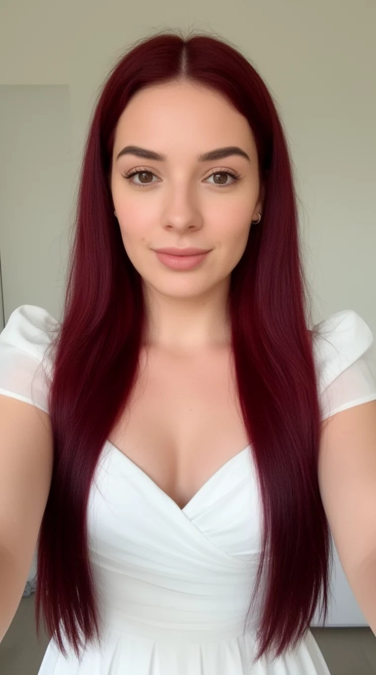 selfie of a 27-year-old woman wearing a white dress with a Rich Mahogany colored long hairstyle, front view, minimal background