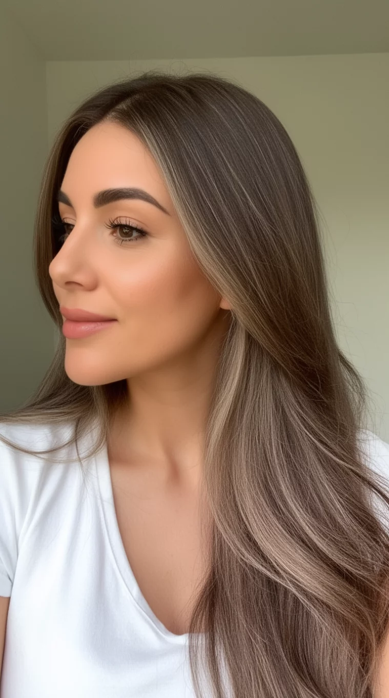 selfie of a 36-year-old woman wearing a white top with an Espresso Silk colored long hairstyle, side view, minimal background