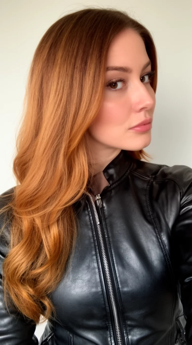 selfie of a 30-year-old woman wearing a leather top with a Polished Onyx and Caramel colored long hairstyle, side view, minimal background