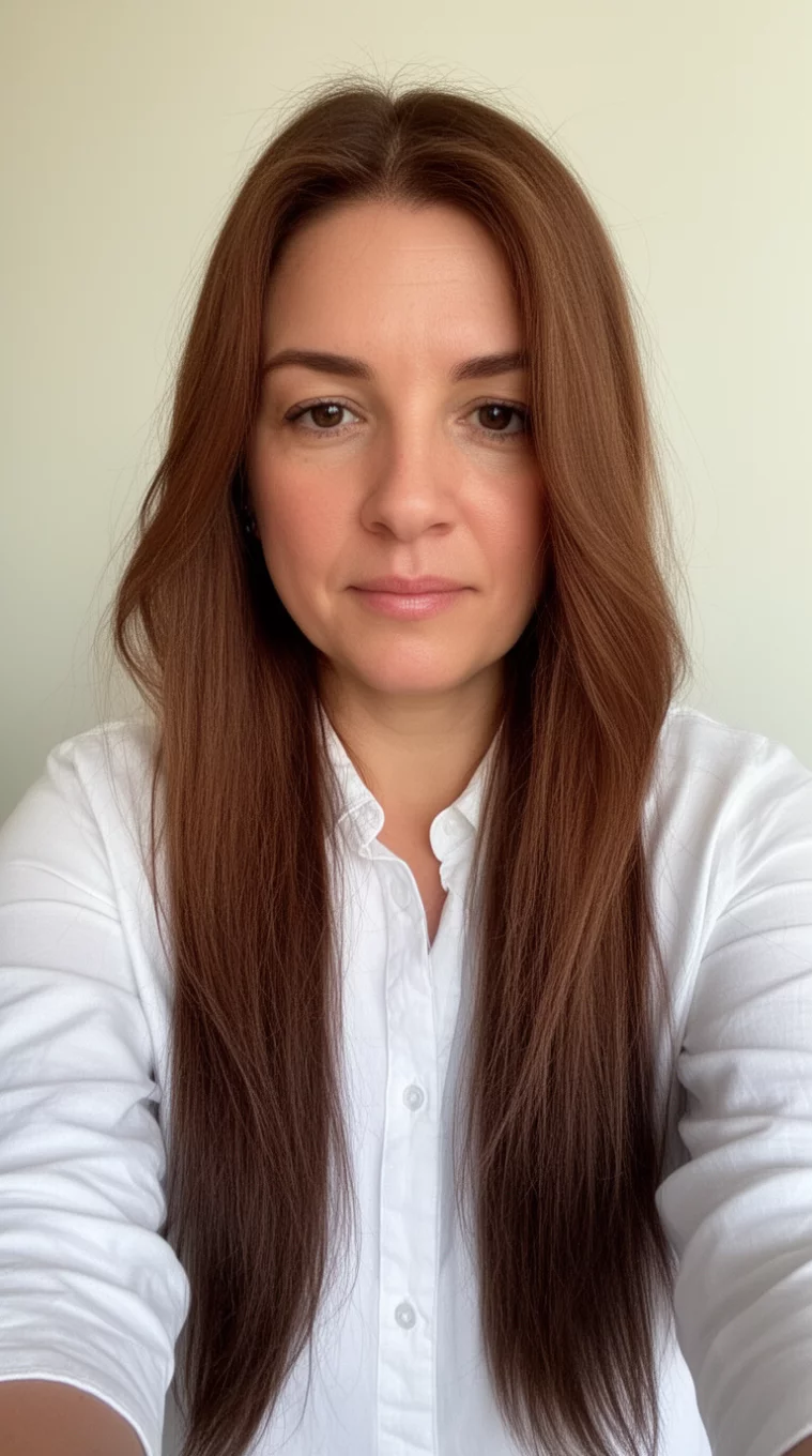 selfie of a 35-year-old woman wearing a white button down shirt with a Natural Walnut colored long hairstyle, front view, minimal background