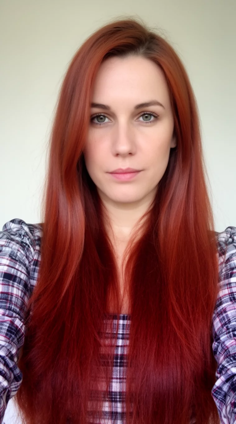 selfie of a 32-year-old woman wearing a plaid top with a Spiced Auburn colored long hairstyle, front view, minimal background