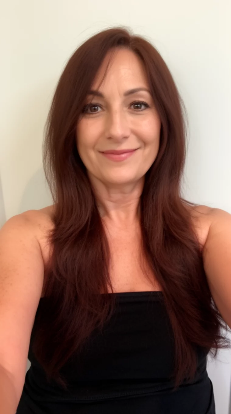 selfie of a 49-year-old woman wearing a black strapless top with a Deep Molten Cocoa colored long hairstyle, front view, minimal background
