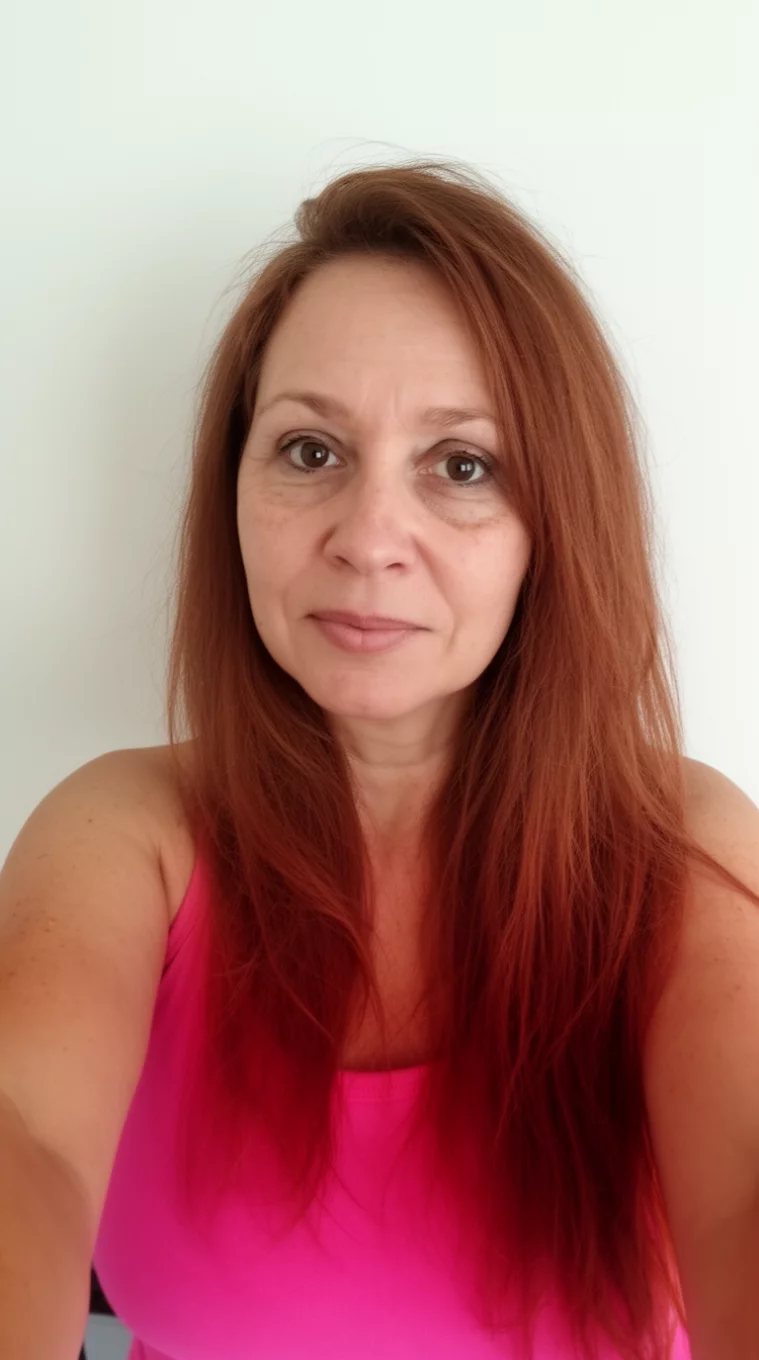 selfie of a 42-year-old woman wearing a pink tank top with a Rosy Chestnut colored long hairstyle, front view, minimal background