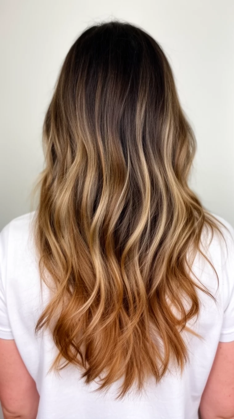 casual photo of a 34-year-old woman wearing a white top with a Honeyed Summer Balayage colored long hairstyle, back view, minimal background