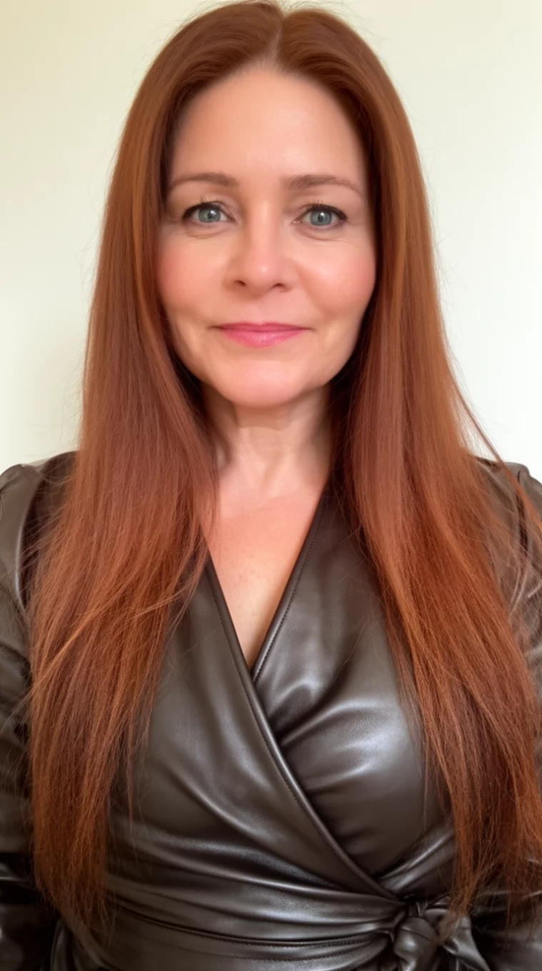 selfie of a 44-year-old woman wearing a leather wrap top with a Burnt Sugar colored long hairstyle, front view, minimal background