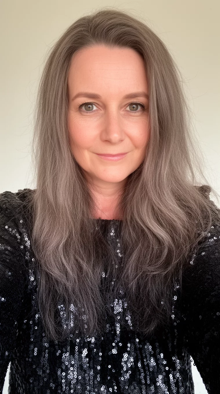 selfie of a 45-year-old woman wearing a black sequined top with a Smoky Ash Brown colored long hairstyle, front view, minimal background