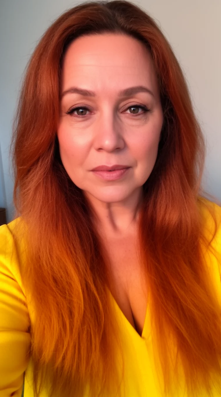 selfie of a 38-year-old woman wearing a yellow top with a Golden Hour Amber colored long hairstyle, front view, minimal background