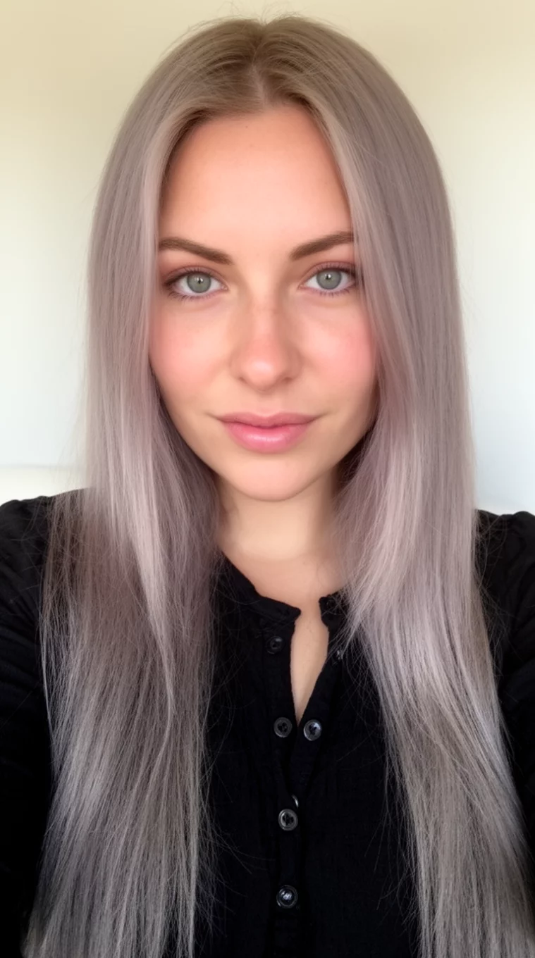 selfie of a 31-year-old woman wearing a black button up top with an Ashy Mushroom colored long hairstyle, front view, minimal background