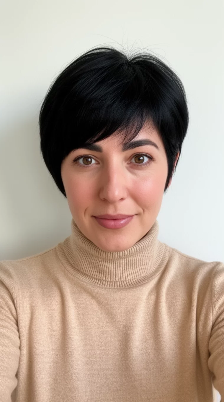 selfie of a 33-year-old woman wearing a beige turtleneck with a Sleek Ink Black colored short hairstyle, front view, minimal background