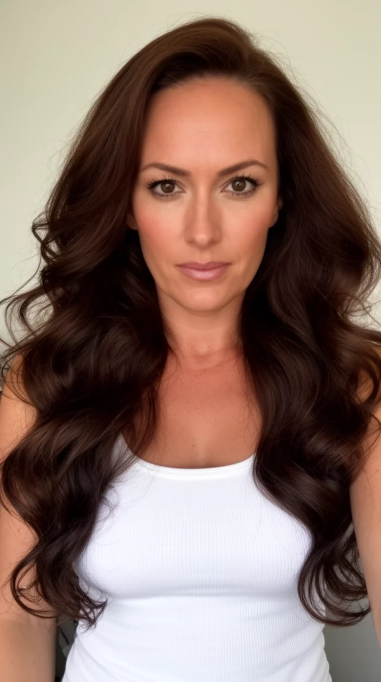 selfie of a 37-year-old woman wearing a white ribbed tank top with a Voluminous Deep Cocoa colored long hairstyle, front view, minimal background