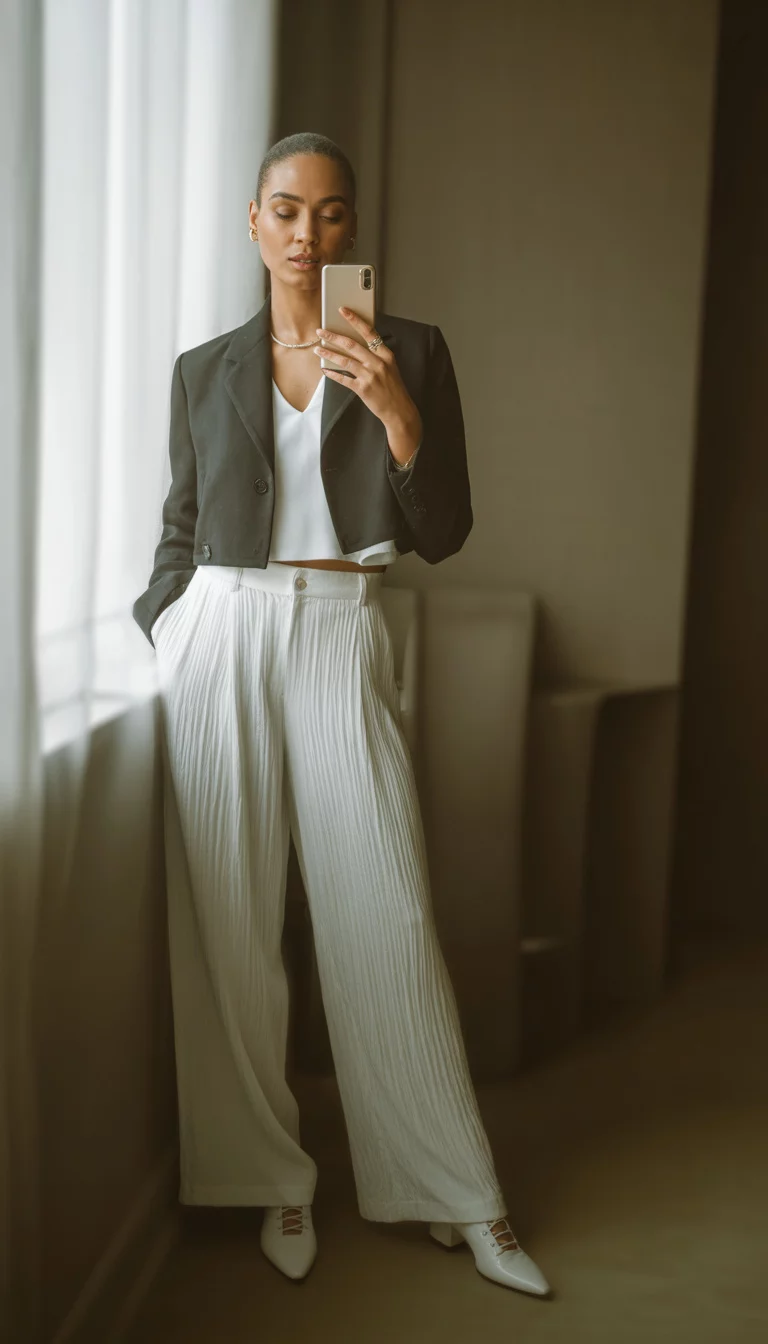 A beautiful woman in a dark cropped blazer, a white top, wide leg white trousers, and white lace up shoes, taking a mirror selfie indoors near a bright window.