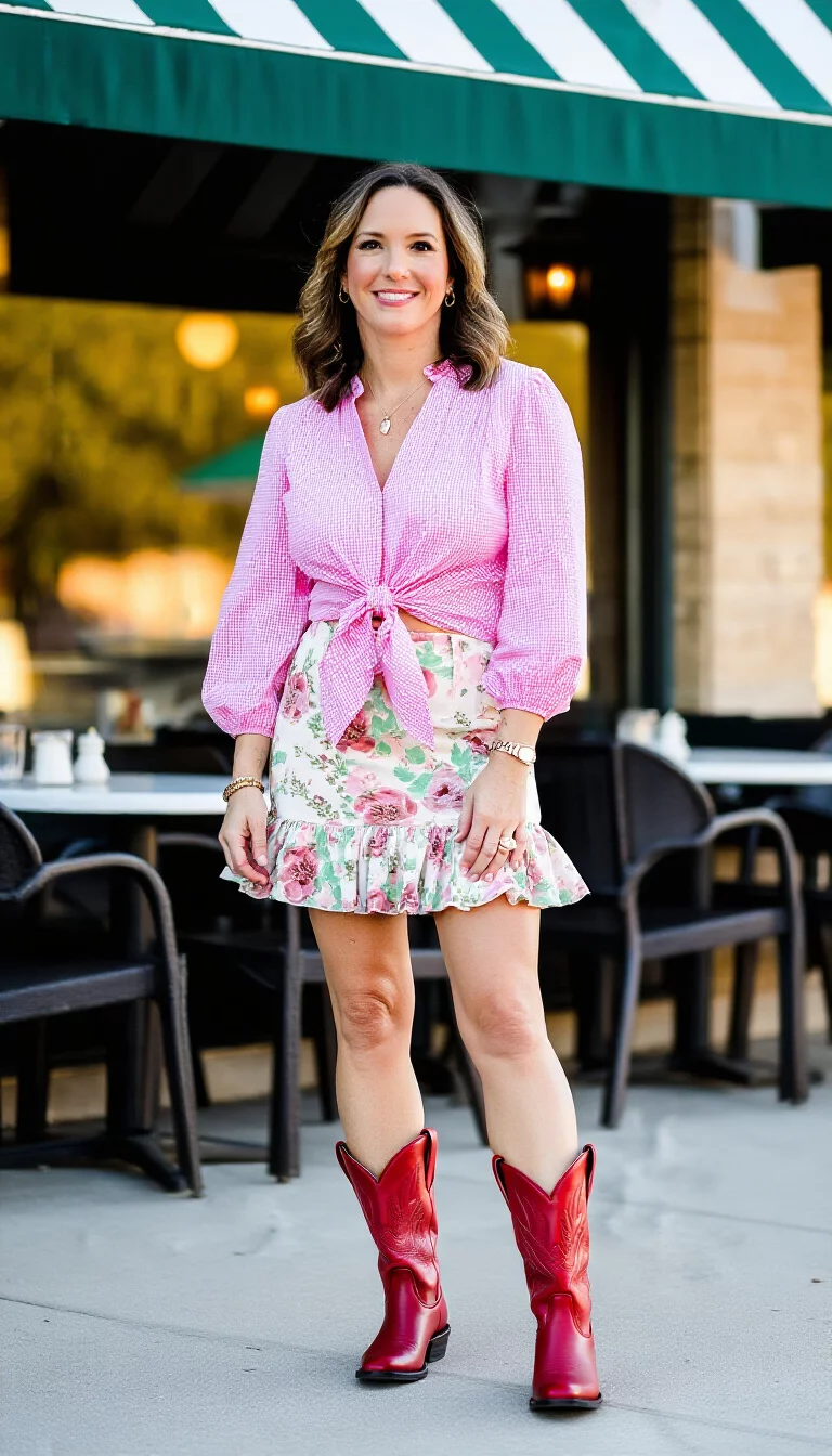 full-body fashion photograph of a 30-year-old woman outside a cafe, wearing a pink gingham tie-front blouse and a ruffled floral mini-skirt, bright red cowboy boots, green and white awning background, soft morning light