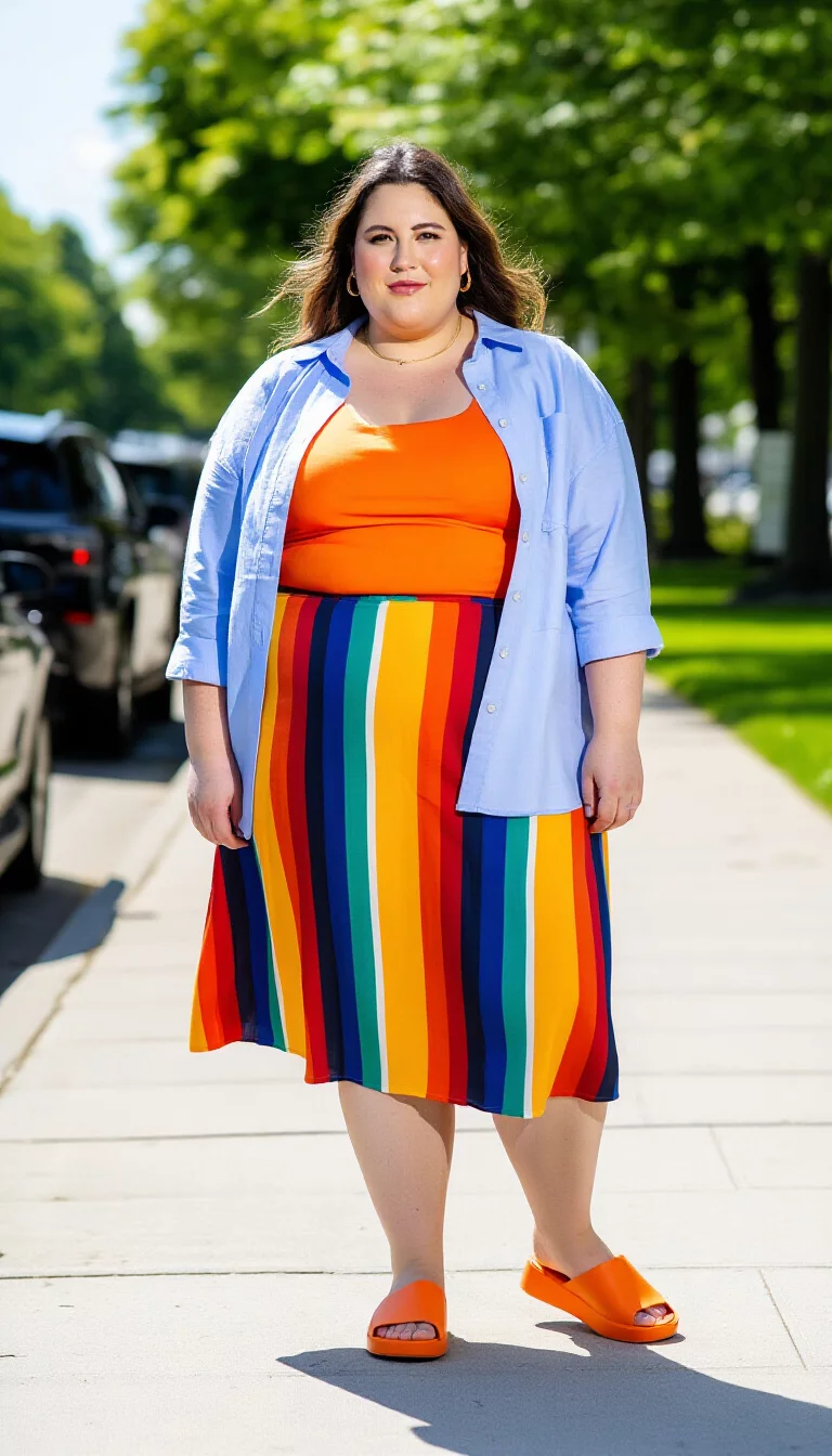 full-body fashion photograph of a 38-year-old plus-size woman on a sunny sidewalk, wearing a bright orange top and a colorful striped midi skirt, wearing a light blue unbuttoned shirt over it, orange slides, bright daylight, shadows on pavement
