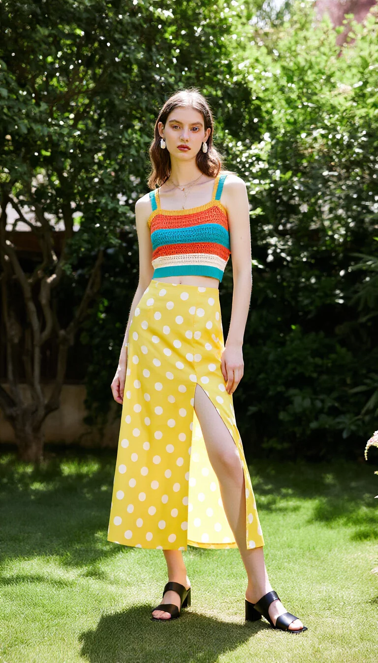 full-body fashion photograph of a 25-year-old woman in a lush garden, wearing a colorful striped knit crop top and a long yellow polka-dot high-slit skirt, black block-heeled slides, dappled sunlight through trees, summer garden background