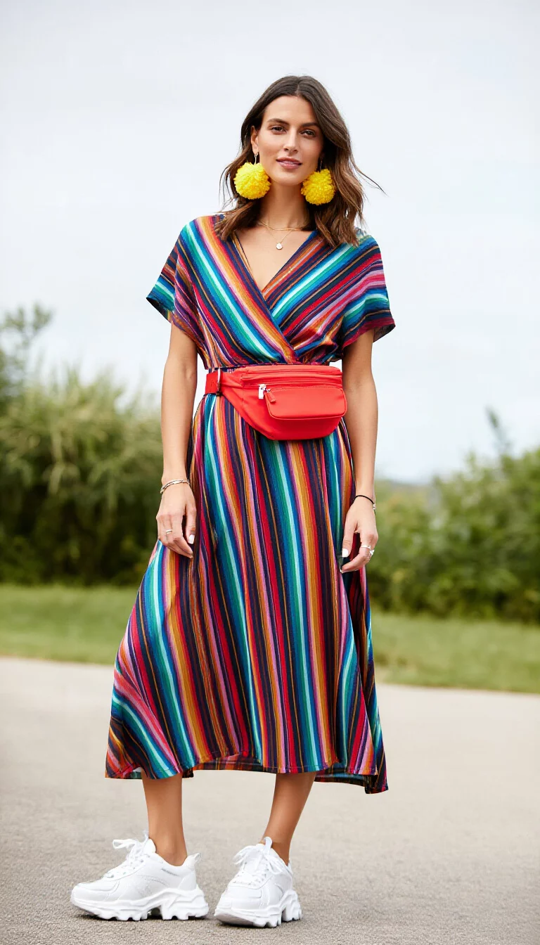 full-body fashion photograph of a 32-year-old woman outdoors, wearing a multicolored vertical striped midi wrap dress, bright yellow pom-pom earrings, a red belt bag, and chunky white athletic sneakers, natural daylight, soft bokeh background