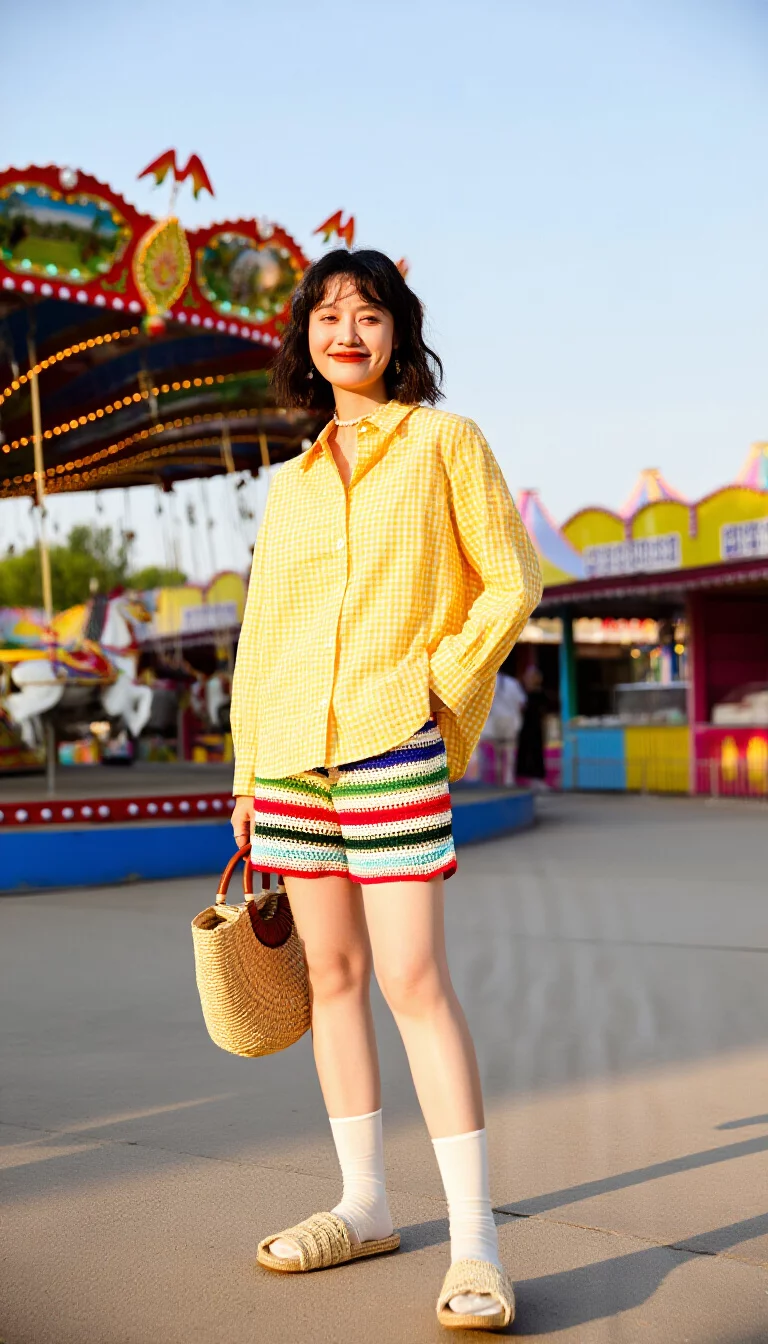 full-body fashion photograph of a 29-year-old woman at a fair, wearing a yellow gingham button-down shirt and colorful striped crochet shorts, holding a straw bag, bright carnival background, sunny afternoon lighting, cheerful expression