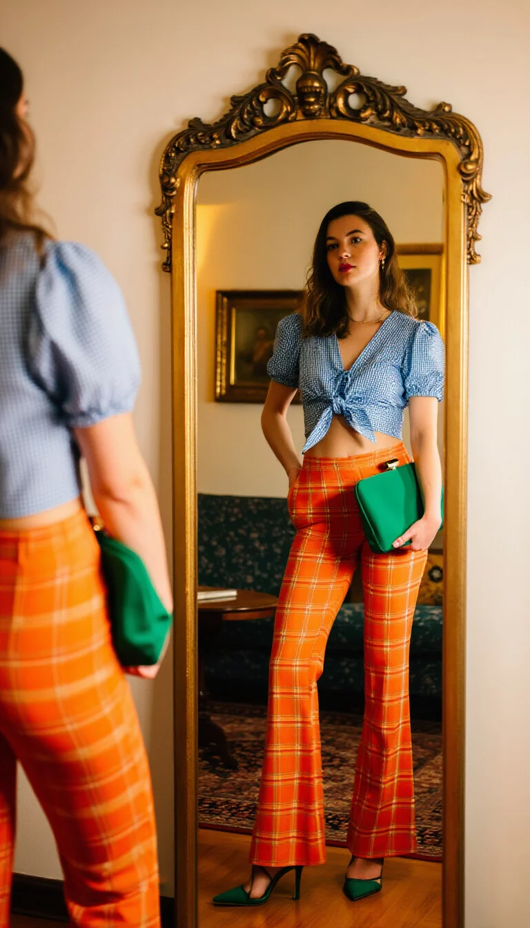 full-body fashion photograph of a 29-year-old woman reflected in a gold ornate mirror, wearing a blue and white gingham tie-front top and bright orange plaid flared trousers, holding a green clutch bag, warm indoor lighting, eclectic vintage interior