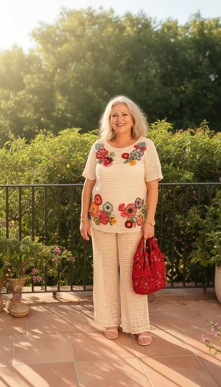 full-body fashion photograph of a 41-year-old woman on a sunny terrace, wearing a cream crocheted set with colorful floral appliqués, red patterned bag, lush greenery background, bright warm sunlight, happy expression
