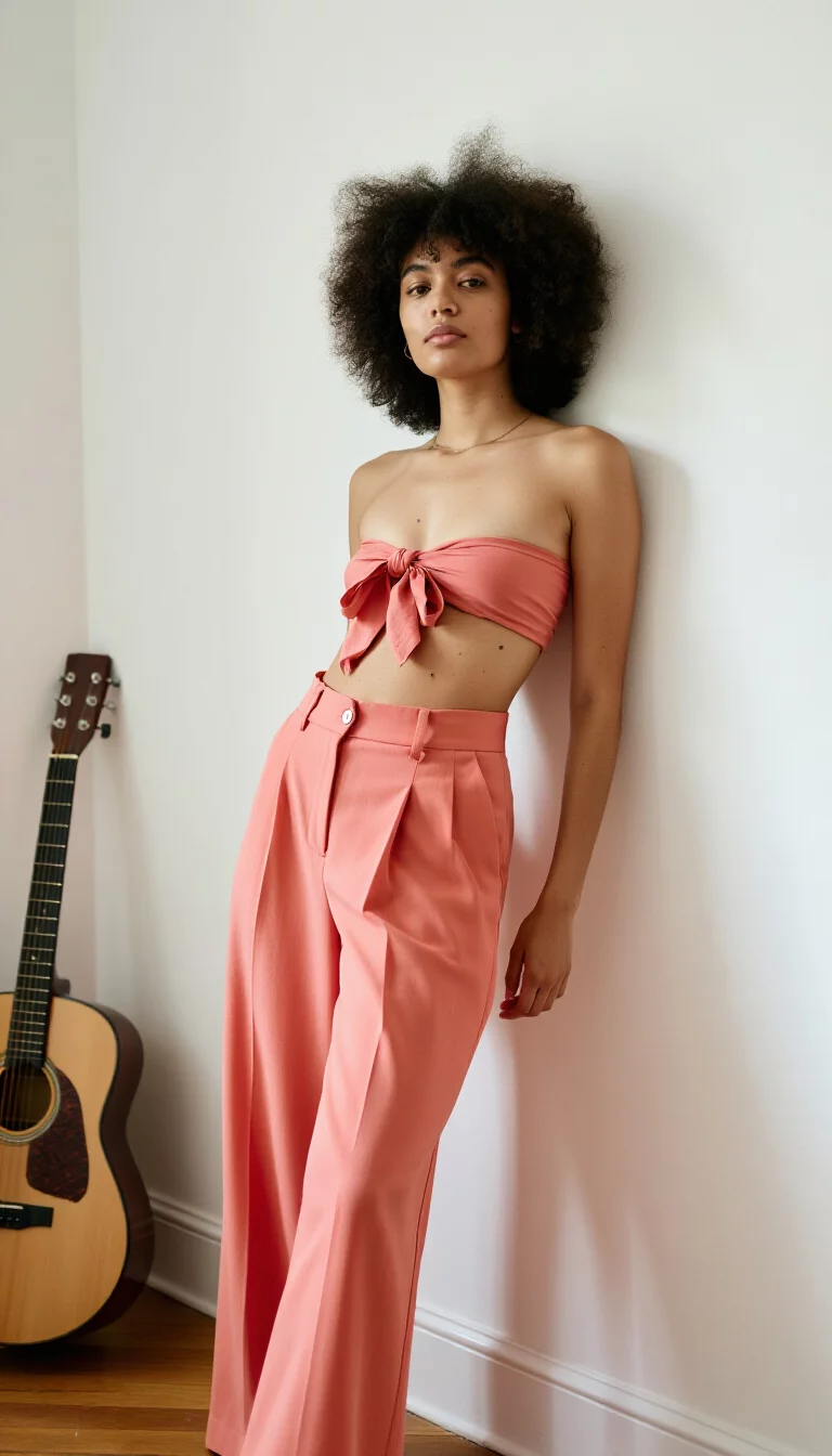 full-body fashion photograph of a 27-year-old woman with an afro leaning against a white wall, wearing a salmon pink bandeau tied at the chest and coordinating high-waisted wide-leg trousers, soft indoor light, minimalist interior near a guitar