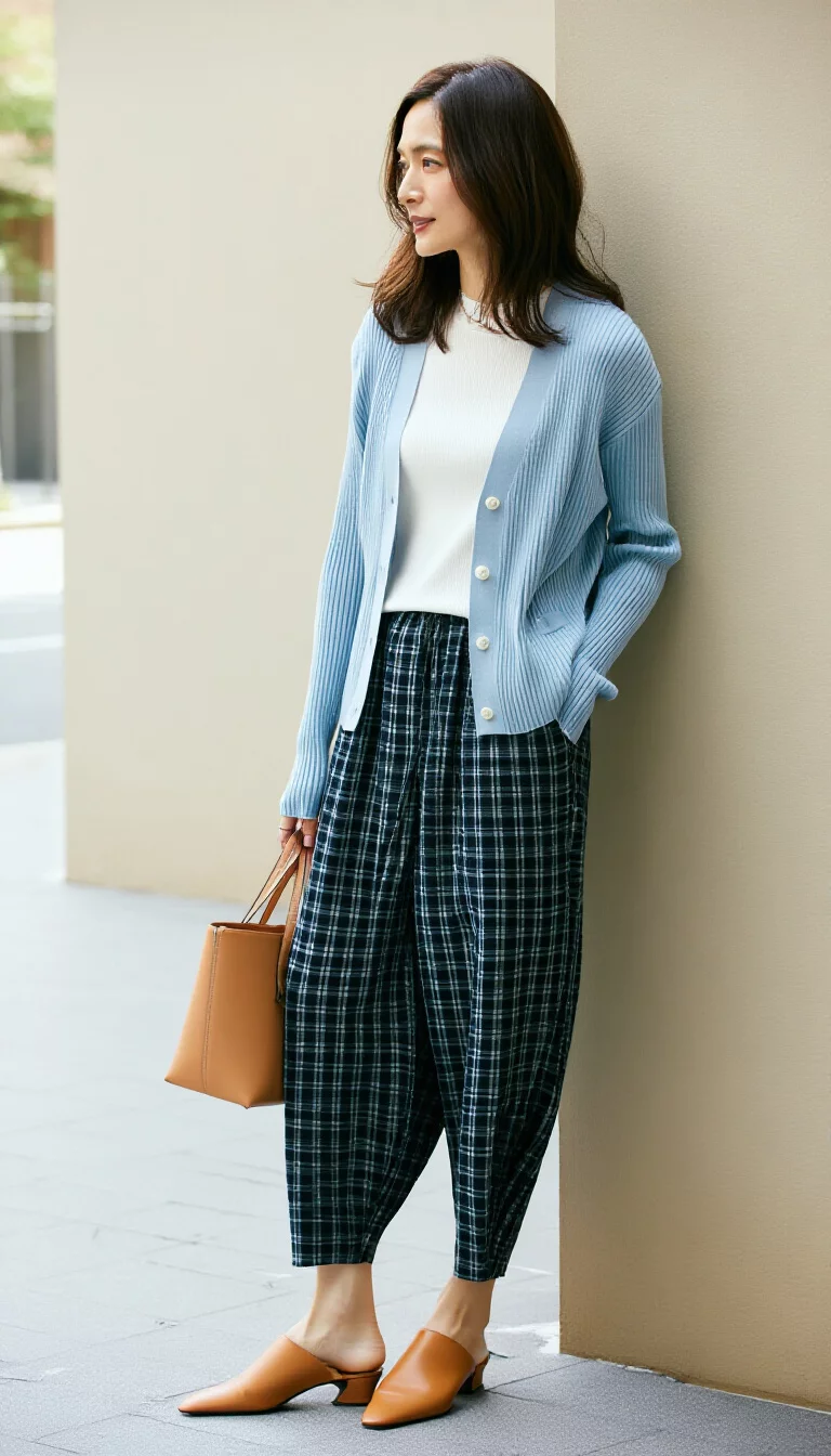 full-body fashion photograph of a 36-year-old woman leaning against a wall, wearing a light blue ribbed cardigan over a white top and patterned plaid harem pants, tan leather mules, holding a small tan tote bag, soft natural light, minimalist urban setting
