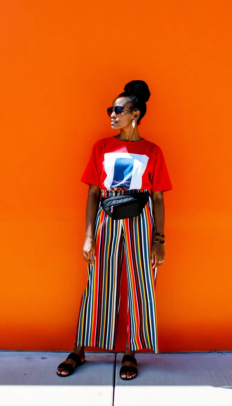 full-body fashion photograph of a 30-year-old dark-skinned woman standing against a bright orange wall, wearing a red graphic tee and vertically striped multicolored pants, wearing sunglasses and a black fanny pack, vibrant sunlight, high contrast
