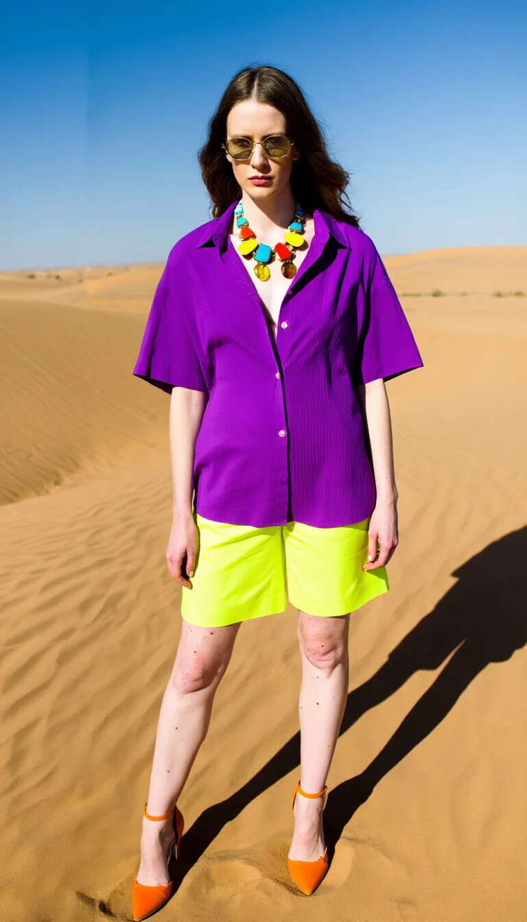 full-body fashion photograph of a 31-year-old woman in a desert setting, wearing a vibrant purple short-sleeved button-down shirt and neon yellow shorts, accessorized with a large colorful chunky necklace and orange heels, harsh desert lighting, wide angle shot