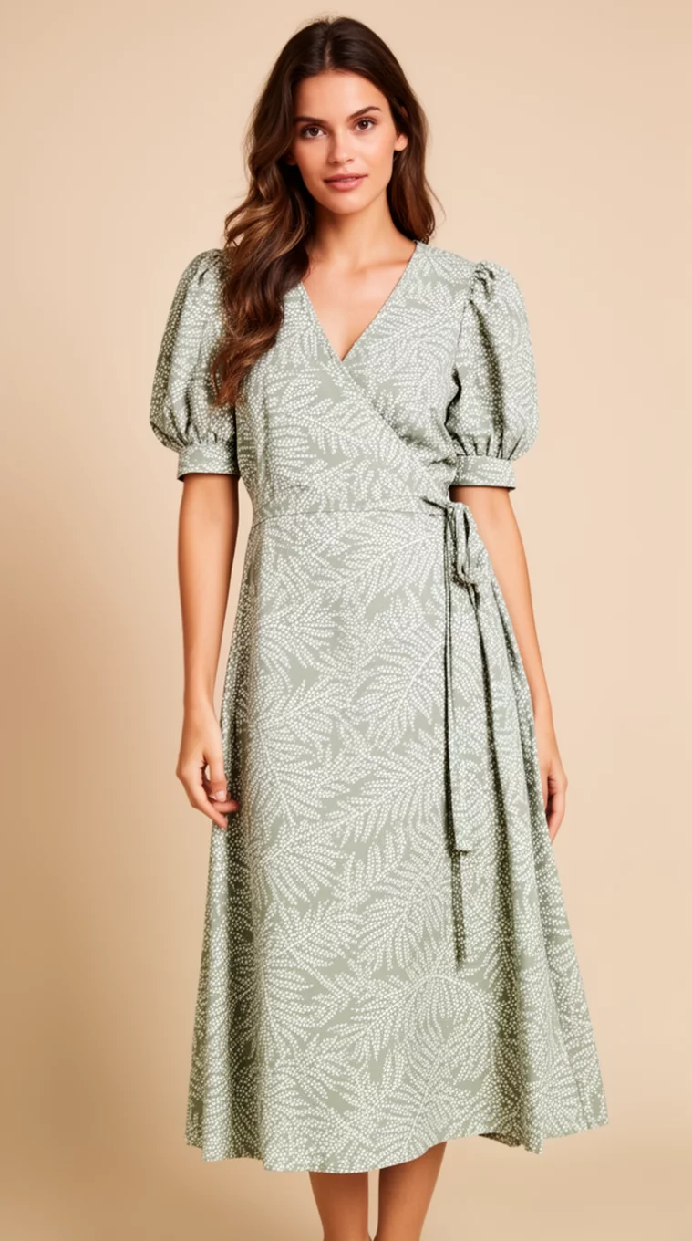 A beautiful woman in a mid calf length sage green wrap dress with a white dotted fern print and puffed sleeves, she poses against a neutral backdrop.