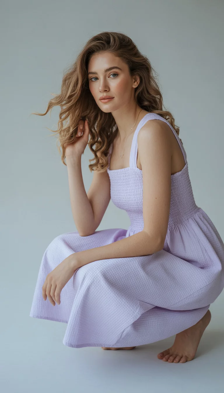 A beautiful woman in a light purple lavender seersucker midi dress with a smocked bodice, she poses barefoot against a plain light studio background.