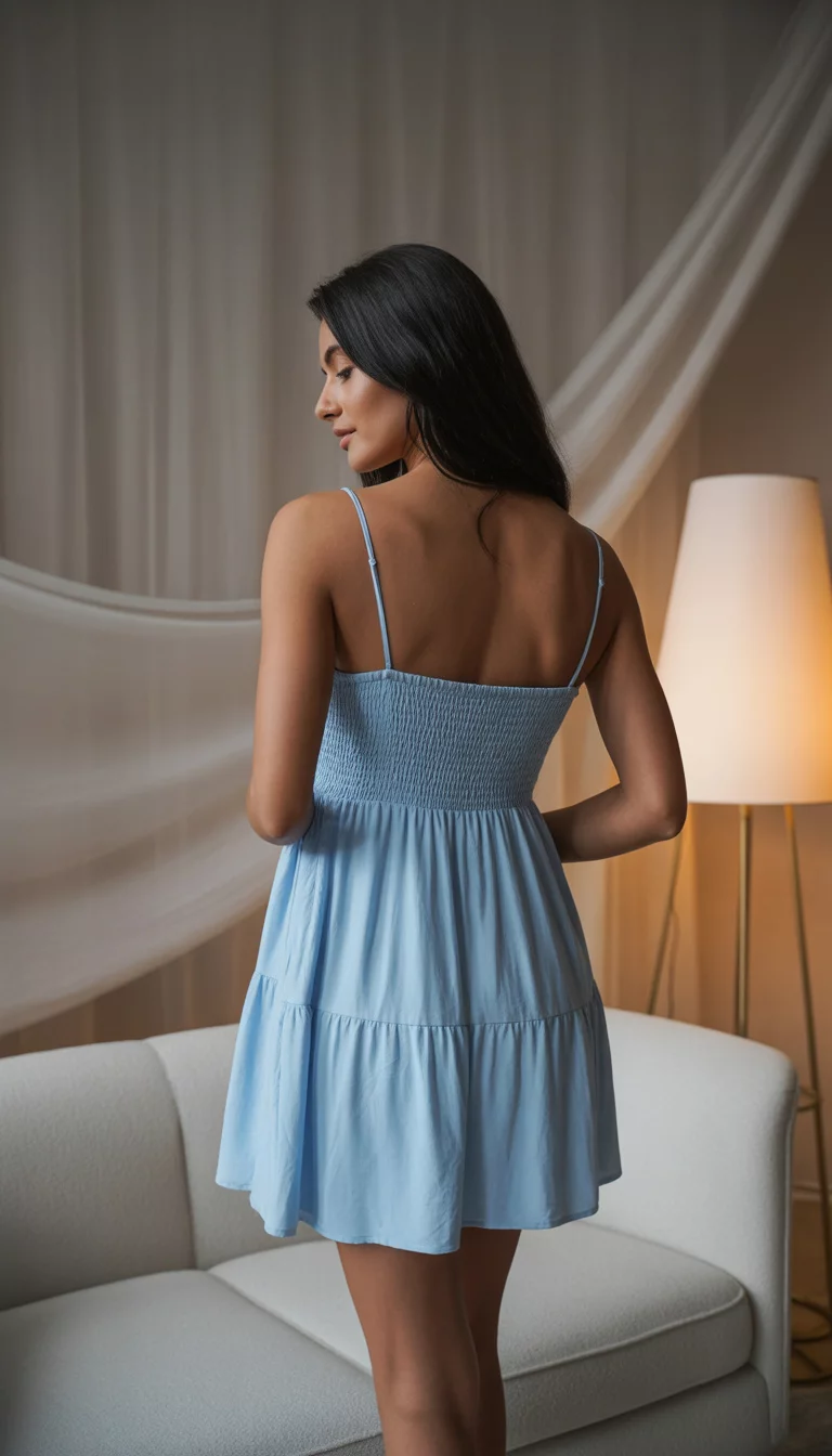 A beautiful woman in a light blue smocked bodice tiered babydoll mini dress with thin spaghetti straps, she is seen from the back in a stylish indoor setting.