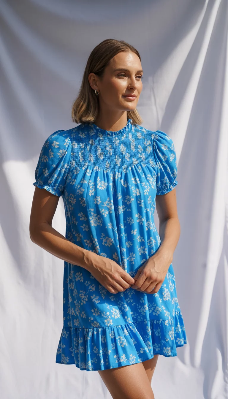 A beautiful woman in a bright blue short sleeved mini dress with a smocked bodice and a ruffled hem featuring a white floral print, she stands against a white background.
