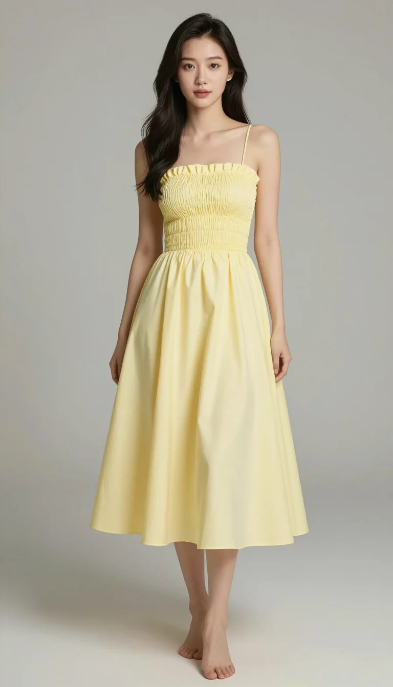 A beautiful woman in a pale yellow midi length smocked bodice dress with delicate straps and a full skirt, she poses barefoot against a plain studio background.
