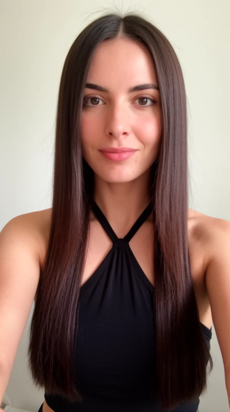 selfie of a 28-year-old woman wearing a black halter-neck top with a long, straight, dark brown hair colored long hairstyle, front view, minimal background