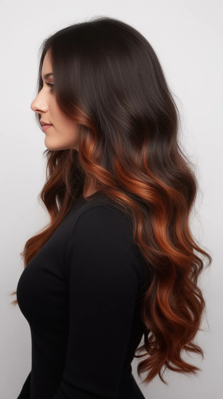side view of a 27-year-old woman wearing a black top with a long, wavy, dark brown hair with warm, reddish-brown highlights underneath colored long hairstyle, side view, minimal background