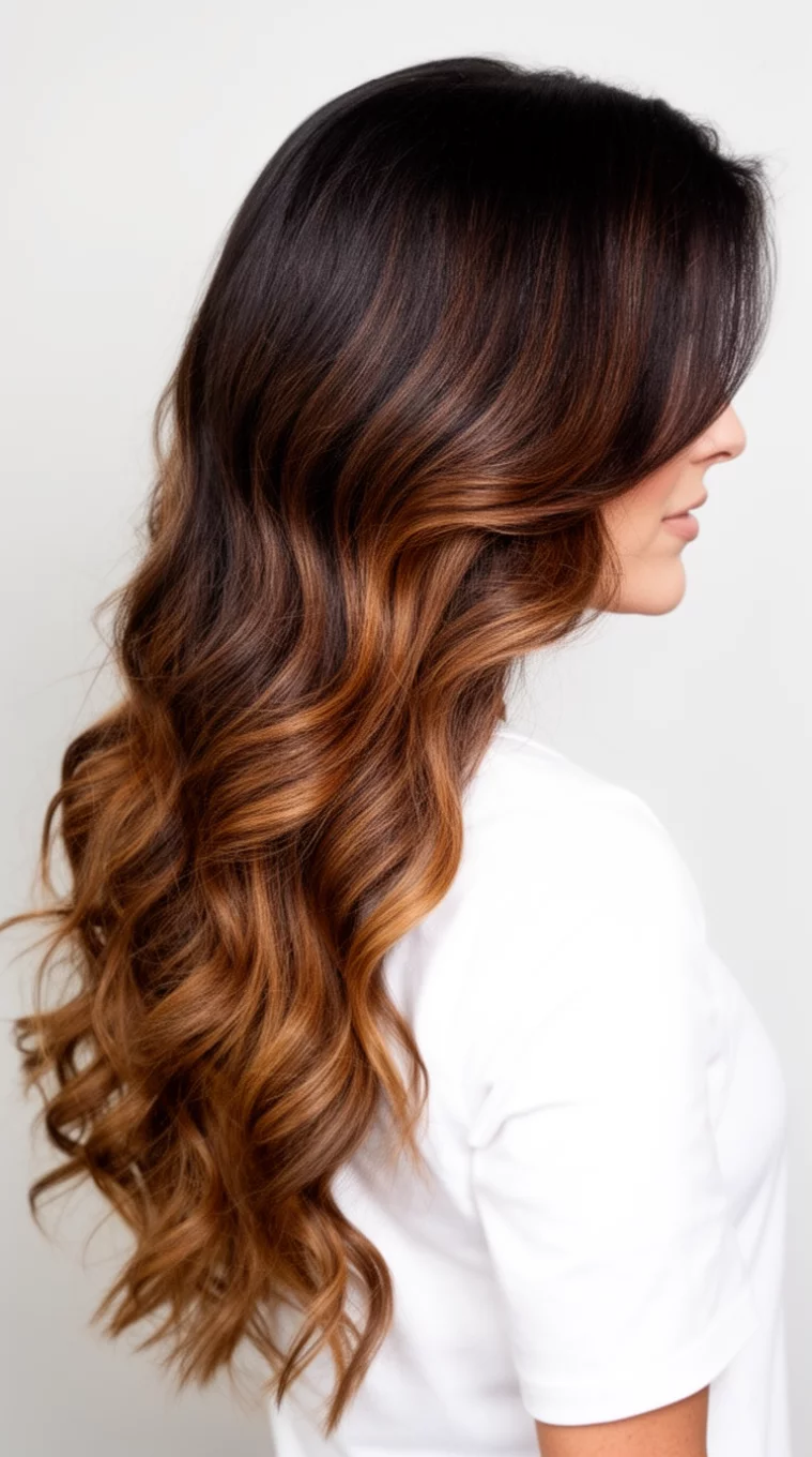 side view of a 39-year-old woman wearing a white top with a voluminous, long, wavy, dark brown hair with rich caramel highlights colored long hairstyle, side view, minimal background