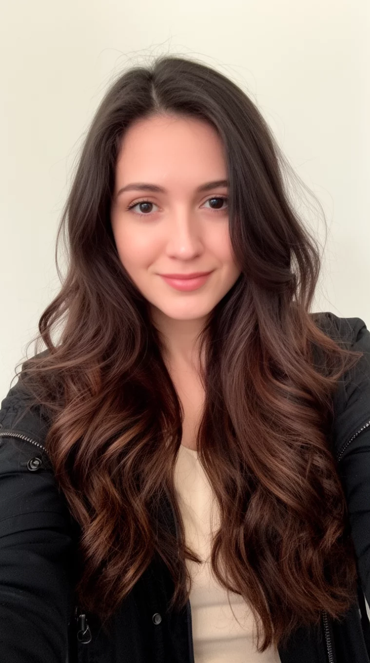 selfie of a 30-year-old woman wearing a black jacket over a light top with a long, wavy, dark brown hair colored long hairstyle, front view, minimal background