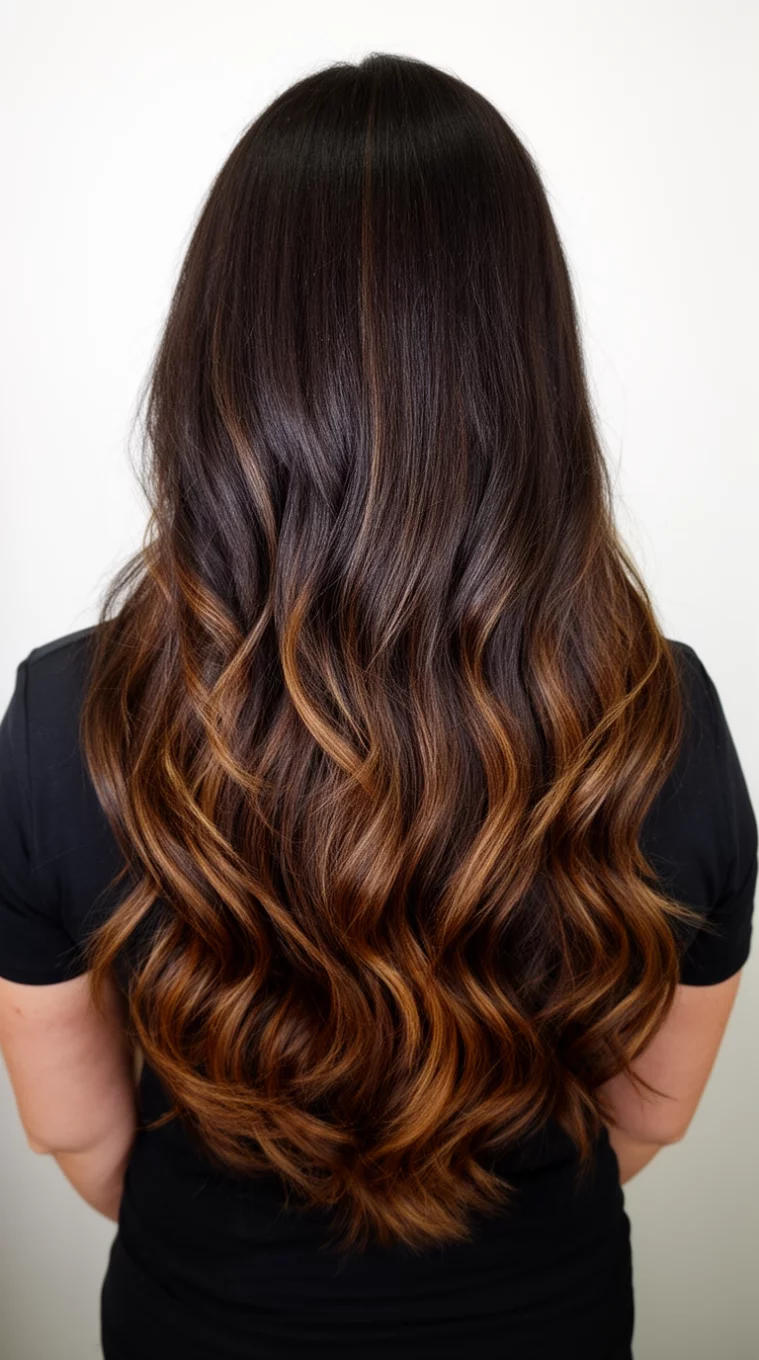 casual photo of a 43-year-old woman wearing a black top with a long, wavy, dark brown hair beautifully blended with subtle, medium-brown highlights colored long hairstyle, back view, minimal background