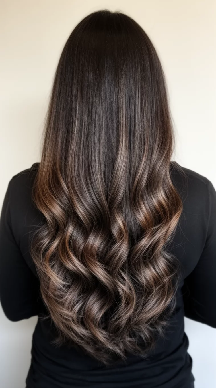 casual photo of a 41-year-old woman wearing a black top with a very long, dark brown hair styled in glossy waves, with subtle, ashy-brown highlights colored long hairstyle, back view, minimal background