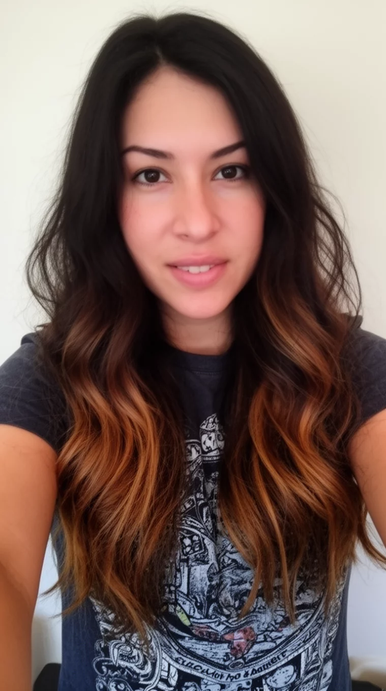 selfie of a 31-year-old woman wearing a dark graphic t-shirt with a long, wavy, dark brown hair featuring lighter brown highlights colored long hairstyle, front view, minimal background