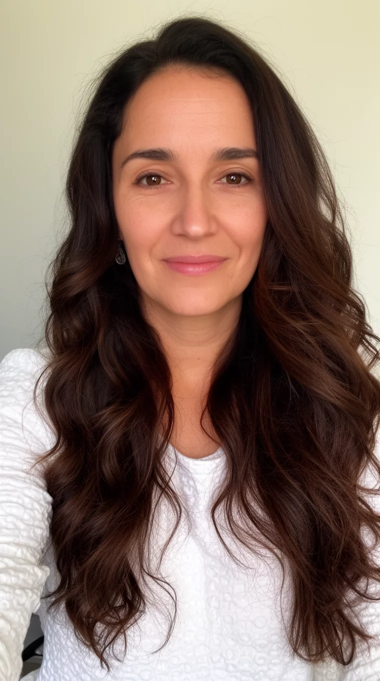 selfie of a 37-year-old woman wearing a white textured top with a long, wavy, dark brown hair colored long hairstyle, front view, minimal background