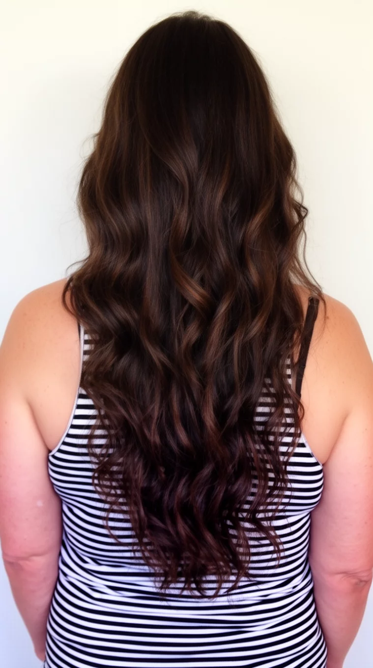 casual photo of a 42-year-old woman wearing a black and white striped tank top with a long, wavy, dark brown hair colored long hairstyle, back view, minimal background