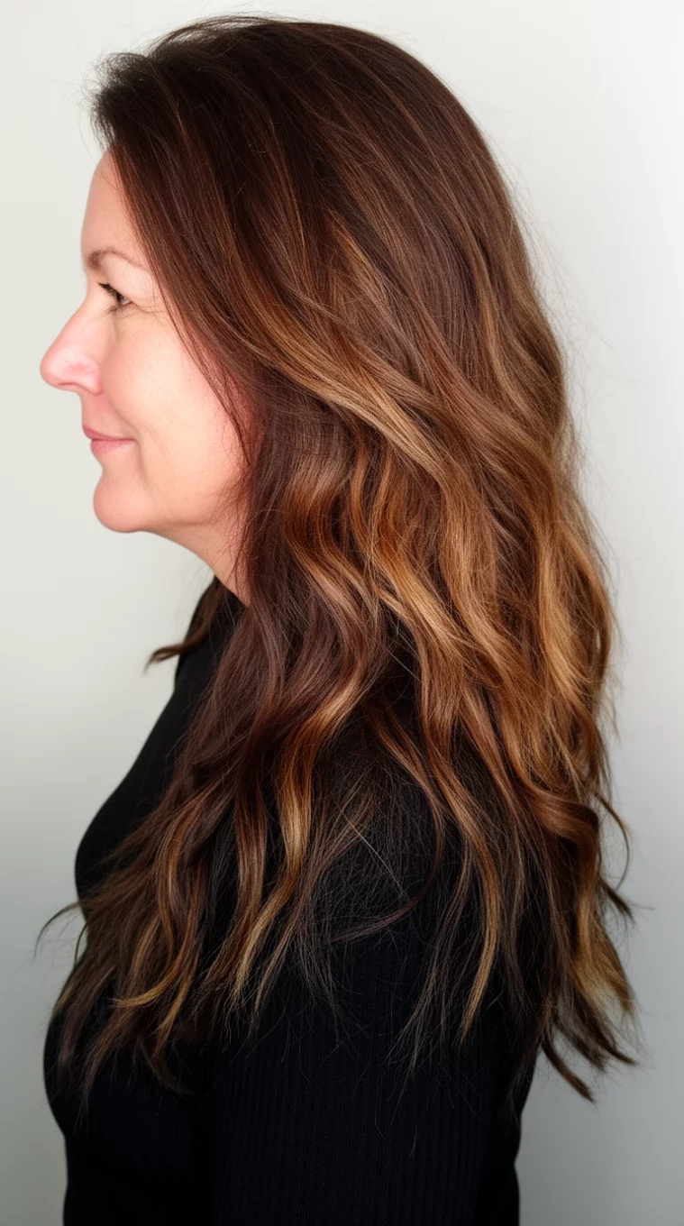 side view of a 47-year-old woman wearing a black top with a long, wavy, medium-dark brown hair featuring scattered lighter brown highlights colored long hairstyle, side view, minimal background