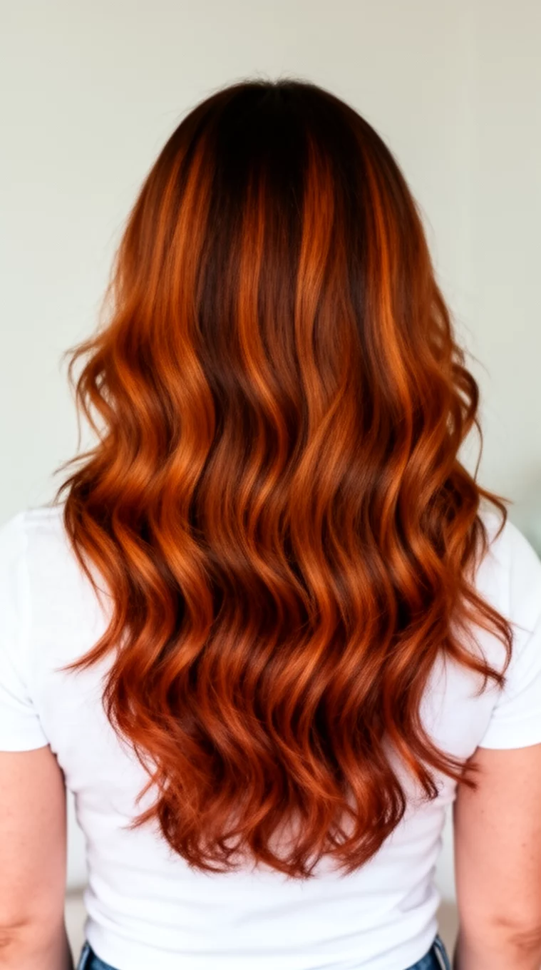 casual photo of a 44-year-old woman wearing a white top with a medium-long, wavy hair with rich, warm, coppery-brown highlights colored long hairstyle, back view, minimal background
