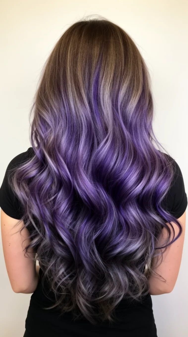 casual photo of a 33-year-old woman wearing a black top with a very long, wavy hair with deep, cool-toned purple and greyish-brown highlights colored long hairstyle, back view, minimal background