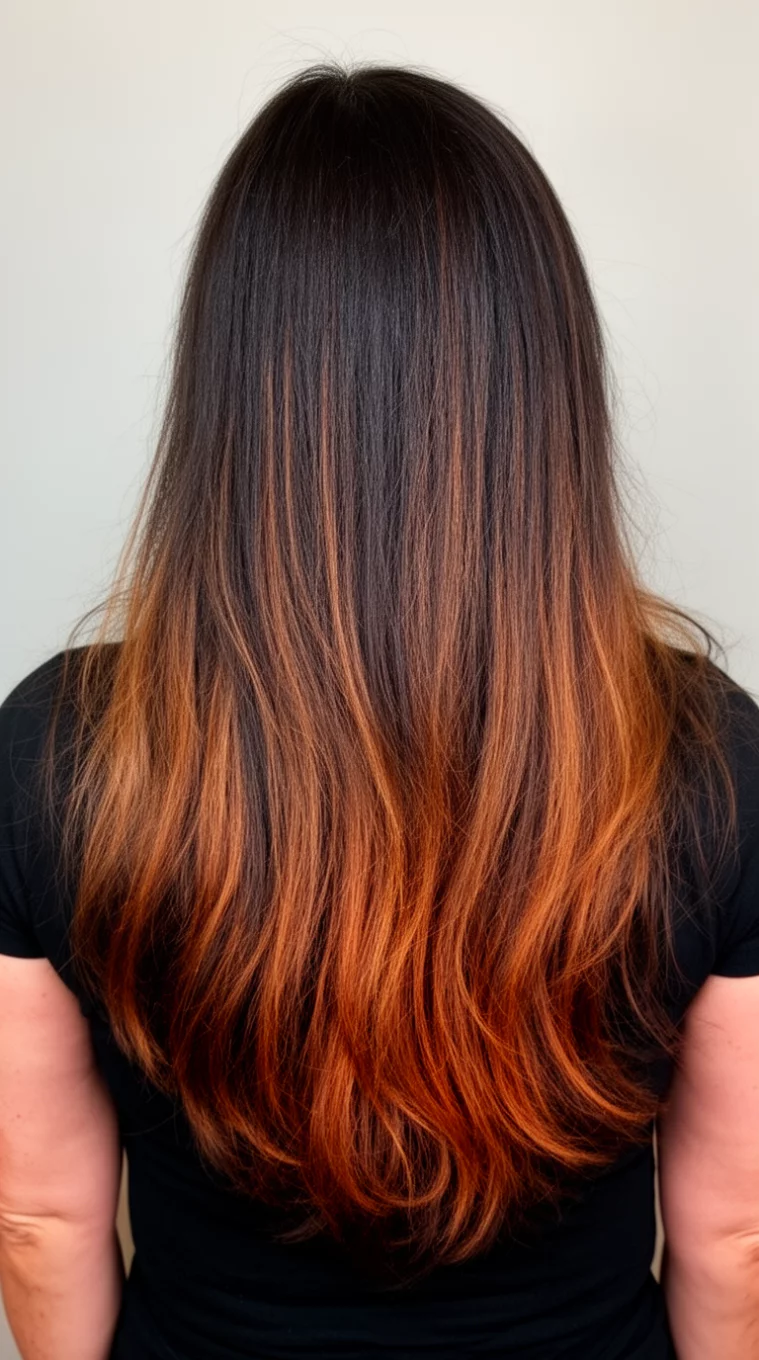 casual photo of a 40-year-old woman wearing a black top with a long, layered, dark brown hair with significant warm, coppery-brown highlights colored long hairstyle, back view, minimal background
