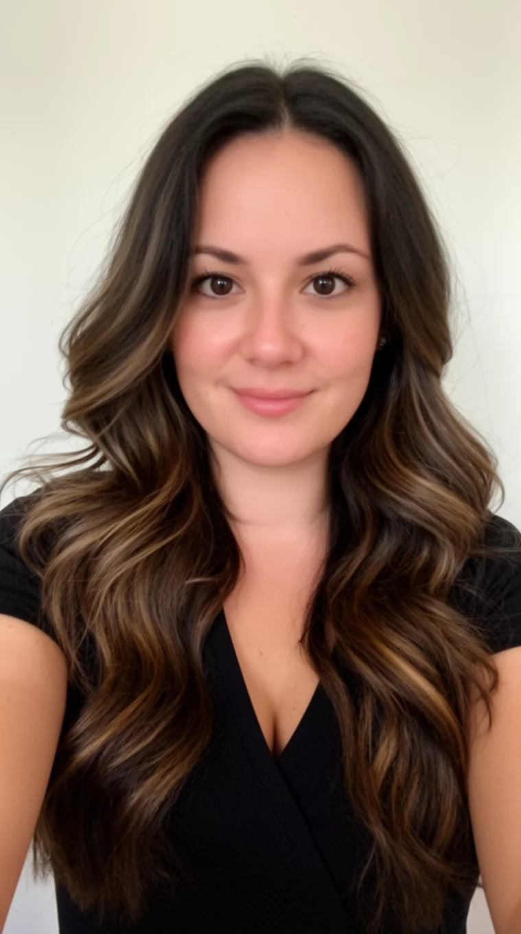 selfie of a 36-year-old woman wearing a black V-neck top with a long, wavy, dark brown hair subtly highlighted with lighter brown tones colored long hairstyle, front view, minimal background