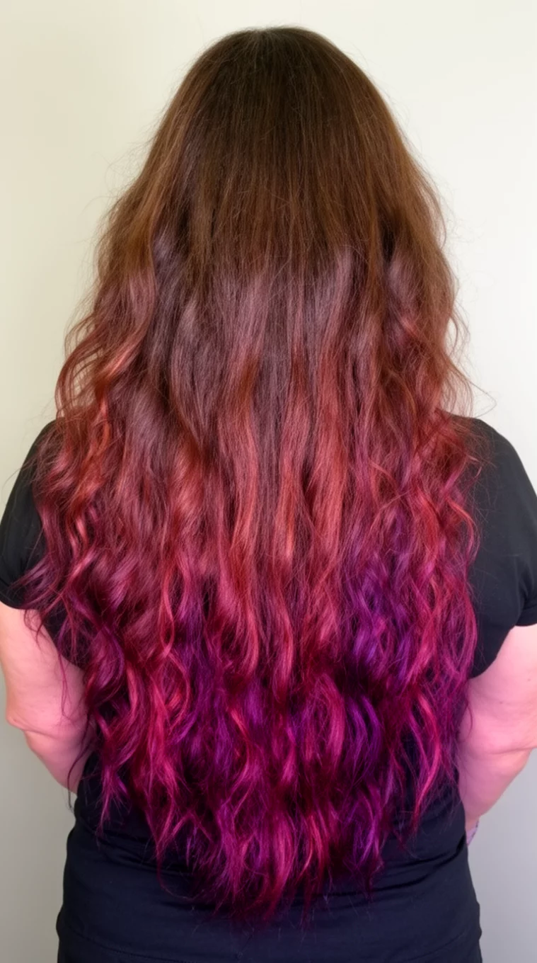 casual photo of a 49-year-old woman wearing a black top with a very long, wavy hair that has been color-treated with deep browns mixed with vibrant reddish-purple tones colored long hairstyle, back view, minimal background