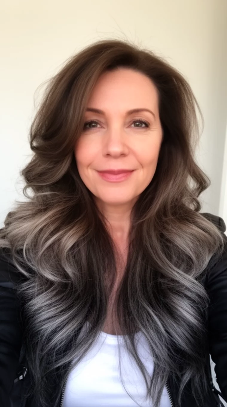 selfie of a 45-year-old woman wearing a black jacket over a white top with a long, voluminous, wavy dark brown hair with ashy highlights colored long hairstyle, front view, minimal background
